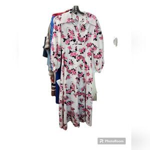 70s Floral Pink Black White Vintage Maxi Dress Gown Puff Sleeve PeterPan Collar